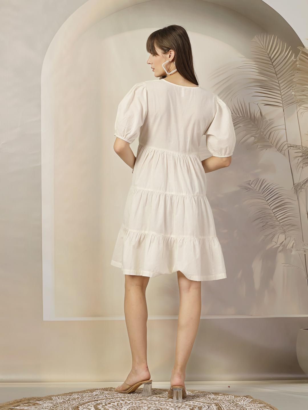 Stylum Women's Cream Solid & Embroidered Cotton Flared Dress (Drscreamlimbo36_Off White, S)
