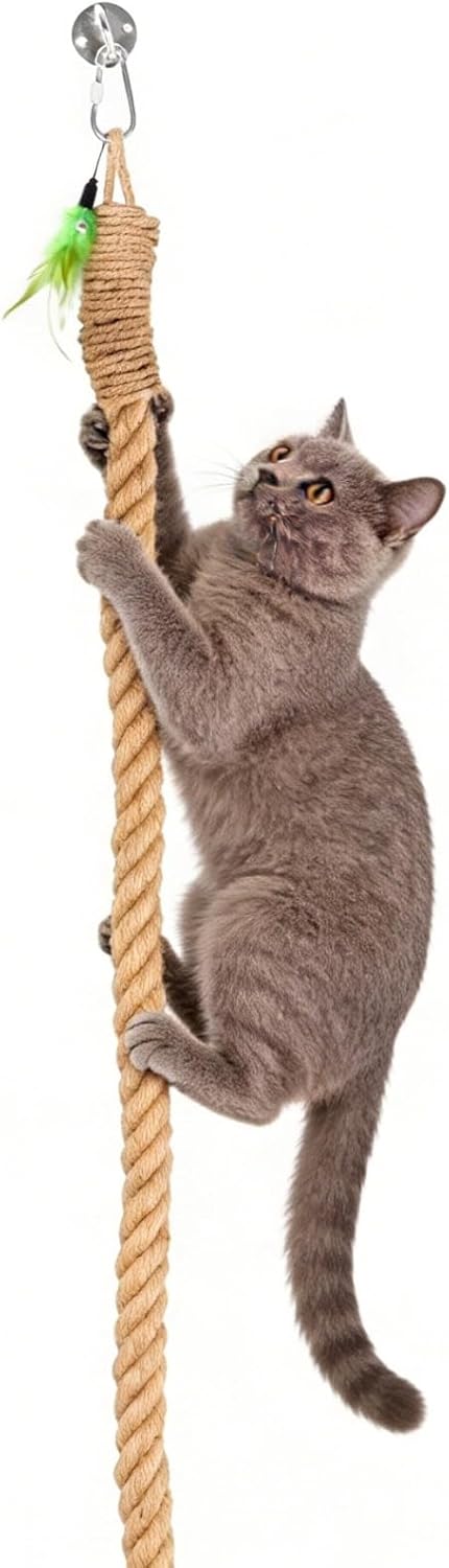 Natural Cat Climbing Rope, 6.5 Ft with Teaser Feather, Snap Hook and Golden Bell, Wall Ceiling Mounted Cat Rope for Indoor and Outdoor Scratching