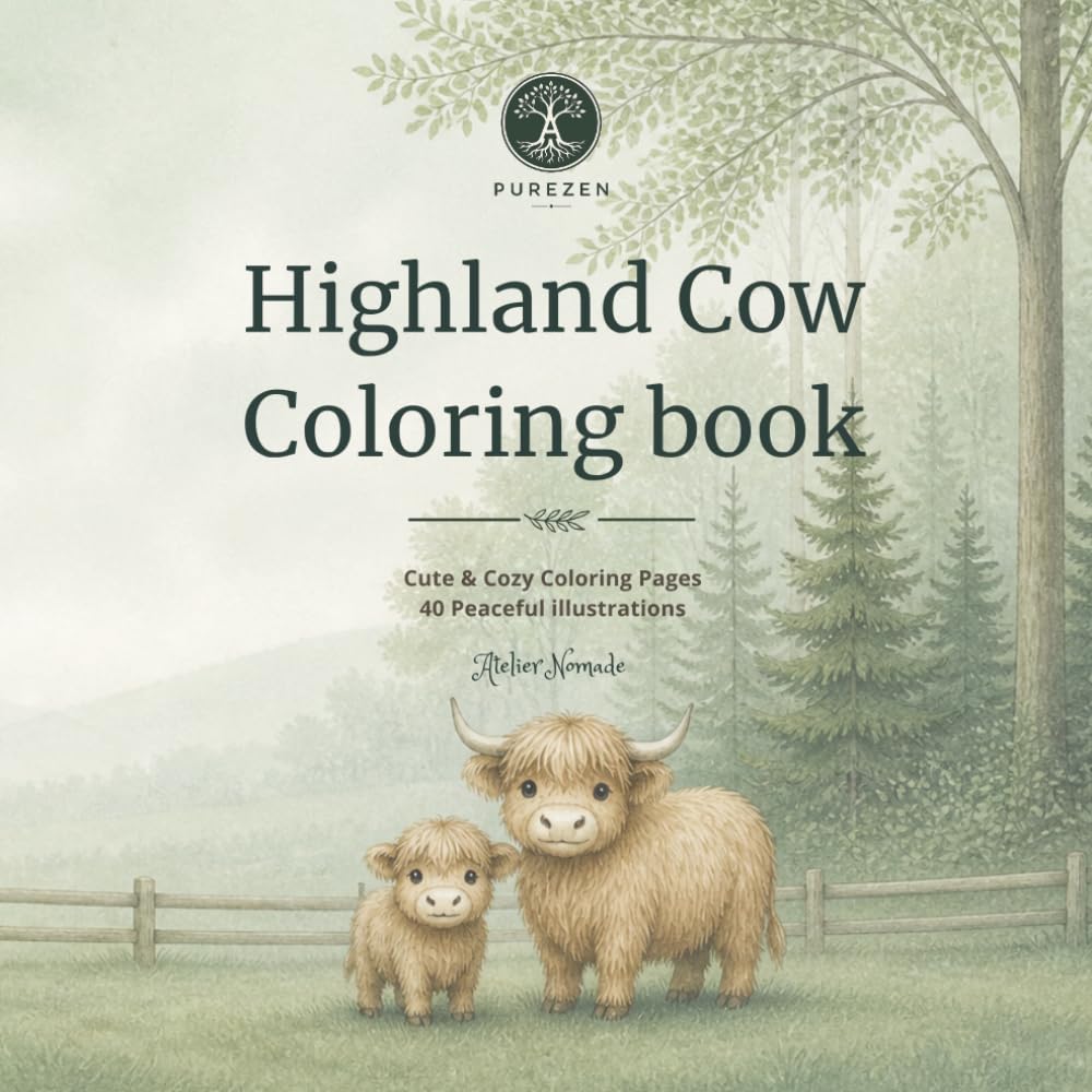 Highland Cow Coloring book: Cute & Cozy Coloring Pages 40 Peaceful illustrations