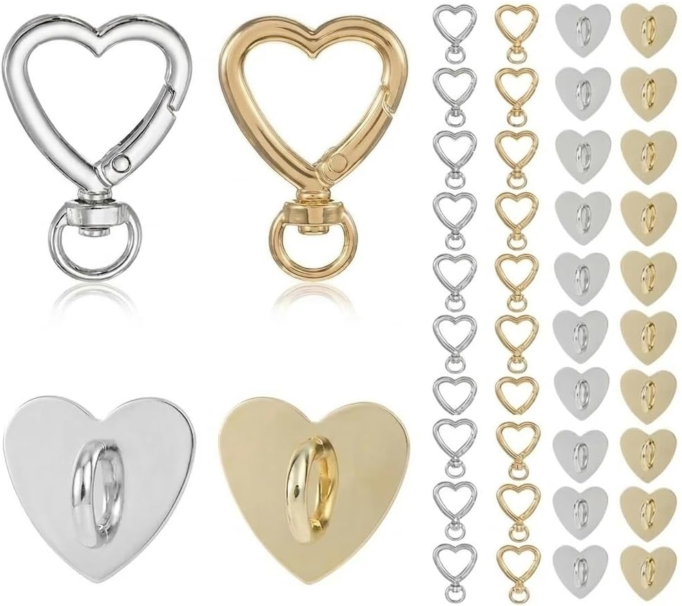 40 Pcs Heart Phone Charm Hook Set, 20 Heart Shaped Swivel Clasps (1.02") & 20 Universal Adhesive Metal Hooks (0.98") for DIY Phone Case, Backpack, Keychain Accessories, Jewelry Making - Silver & Gold