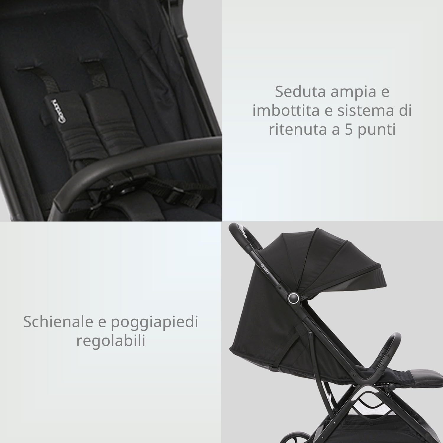 Giordani G-Touch Passeggino Leggero 6.9 kg, Chiusura Automatica One-Touch, da 0 Mesi a 22 kg,Seduta Imbottita, Ruote con Sospensioni e Dettagli in Ecopelle, Compatto e Salvaspazio, Nero