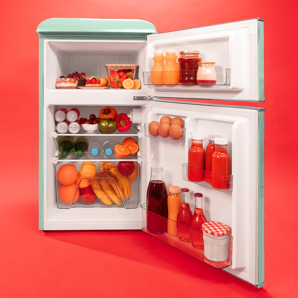 Cecotec Kleiner Kühlschrank - 2-türiger Kühlschrank - Retro 86L Bolero CoolMarket 2D Origin 86 Green E. 89,3 cm Höhe und 48,7 cm Breite, Energieklasse E, Eisfach, Innenbeleuchtung und Chromgriff, Grün