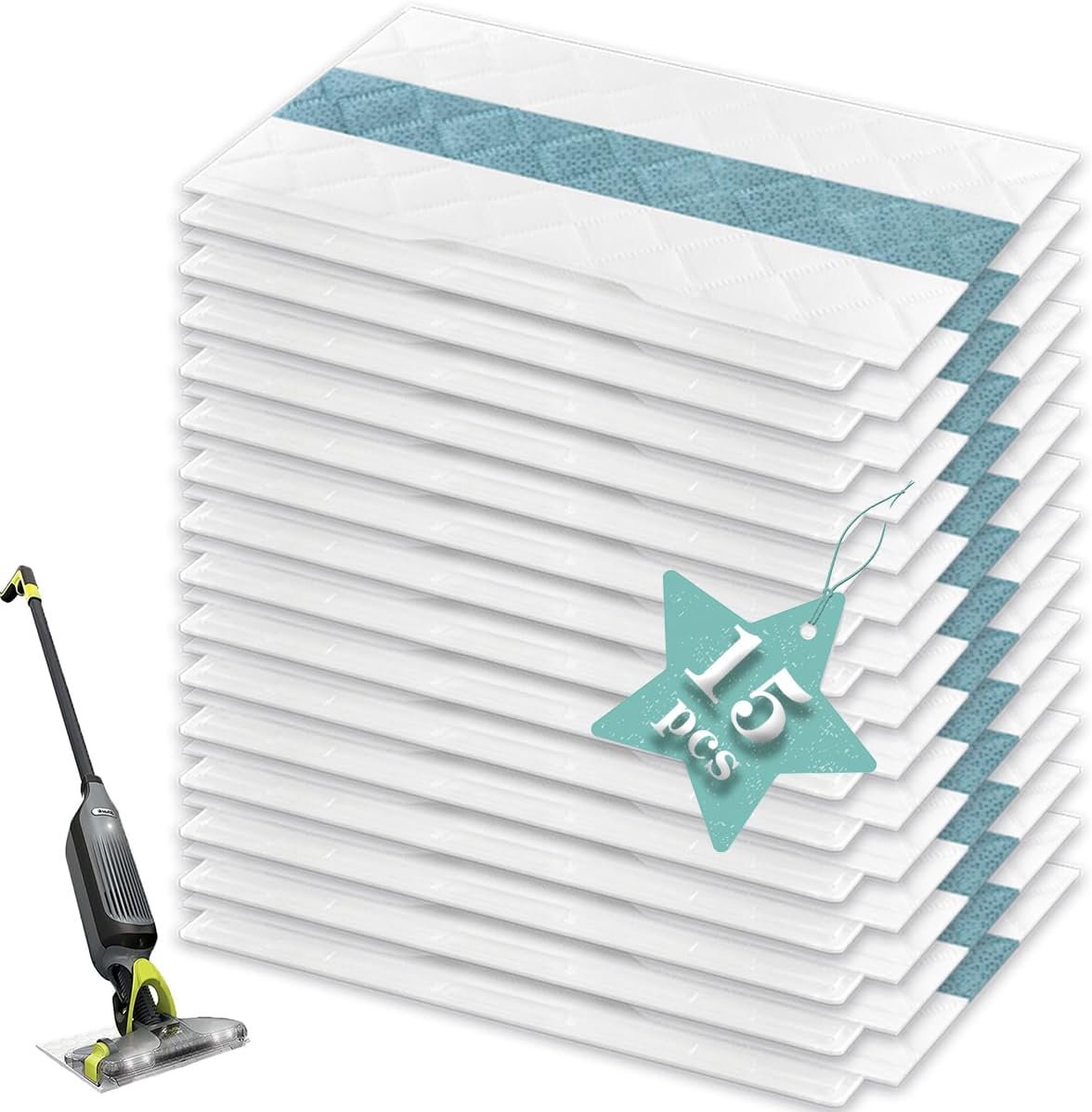 Disposable Hard Floor Pad Refills, Compatible with Shark VACMOP Pro VM252 VM251 VM250 VM200 VC205 QM250 VM190 VM200P12 VMP30 for use on All Sealed Floors (15 Pack)