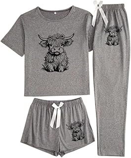 Tenna Teki Western Highland Cow Print Three-Piece Pajama Set for Women