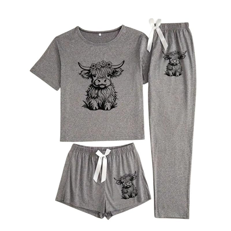 Tenna Teki Western Highland Cow Print Three-Piece Pajama Set for Women - Soft Comfortable Sleepwear with Long Sleeve Top Pants & Shorts