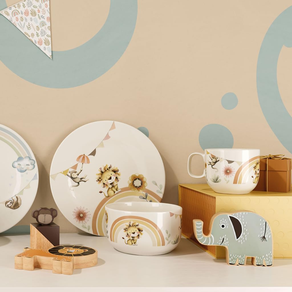 Villeroy & Boch - Boho kids Roar like a lion Ensemble de vaisselle pour enfants 3 pièces, Vaisselle en porcelaine et couverts en acier inoxydable, Lavable au lave-vaisselle, Compatible micro-ondes