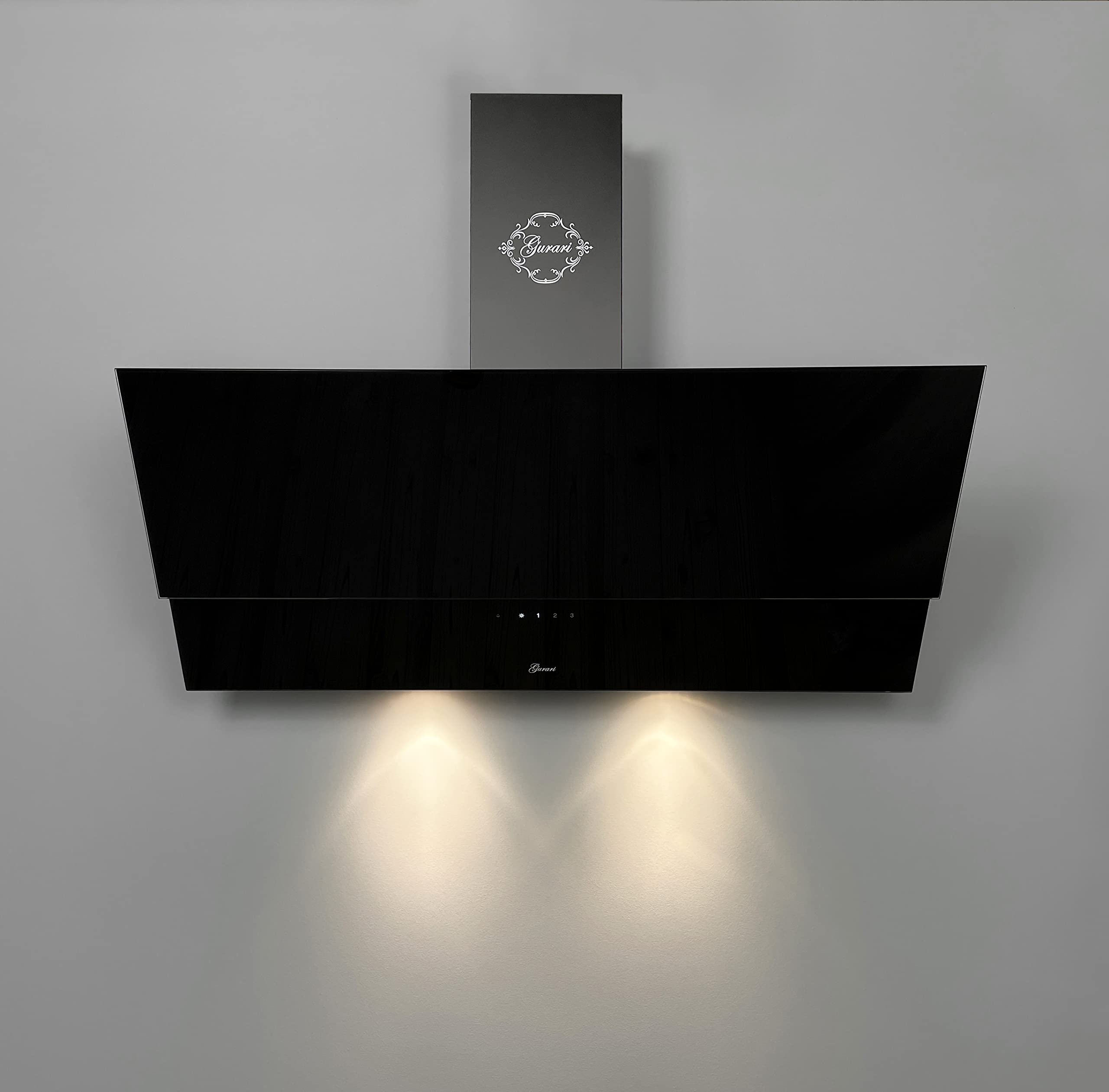 GURARI Dunstabzugshaube 90 cm GCH D 268 9 BL Prime Kopffreihaube Schwarz Glas 1000m³/h mit Fernbedienung Abluft/Umluft