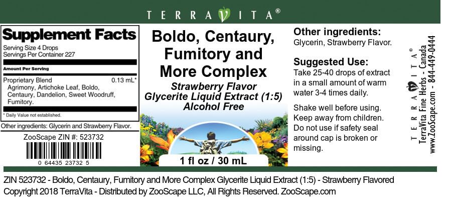 Miniatura 4 de Extracto líquido de glicerita Boldo, Centaury, Fumitory and More Complex (15) - Sabor a fresa (1 oz, ZIN 523732)