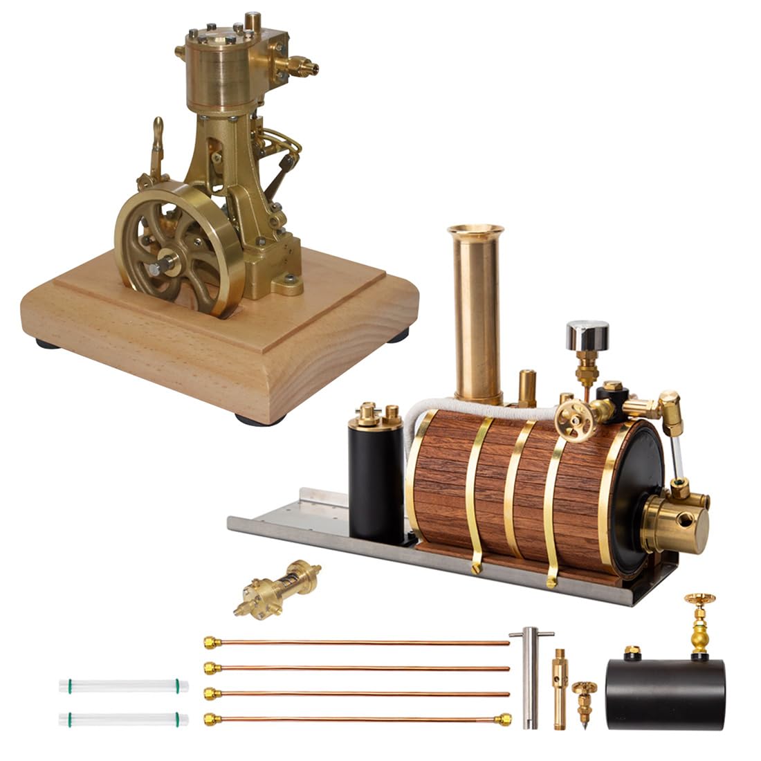 Bricksdiytoy Mini motor de vapor vertical de 11.85 cc, sistema retro completo de latón con caldera de cobre, manómetro y compatibilidad con combustible butano, perfecto para modelos de barcos y