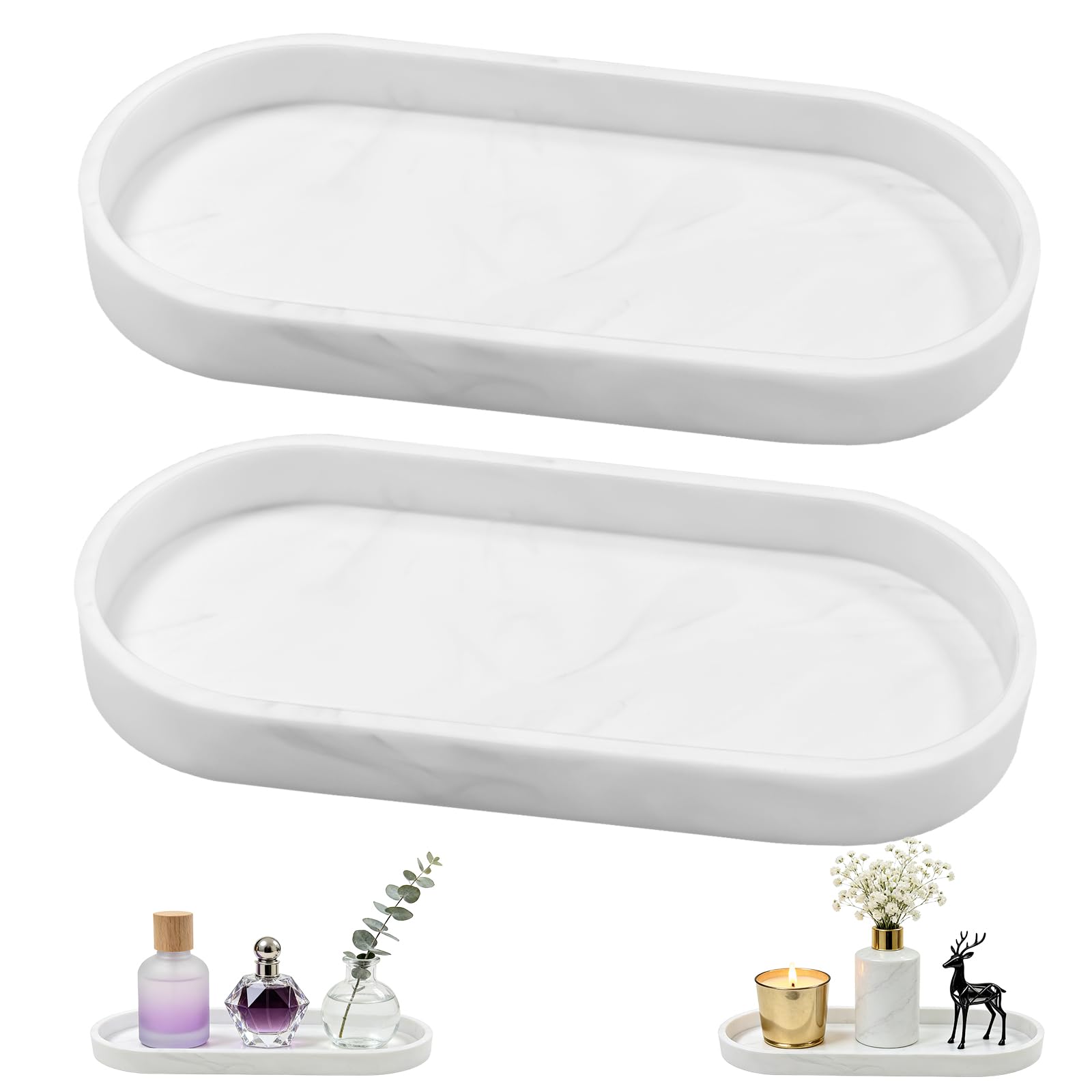 TAIVIN 2 Pcs Bathroom Tray,White Marbling Silicone Vanity Tray,25x11x2 cm