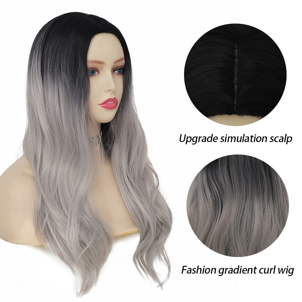 Curly Ombre Grey Wig for Women Long Wave Black Roots Synthetic Hair Natural Looking Cosplay Daily Party Costume Wig - Image 4