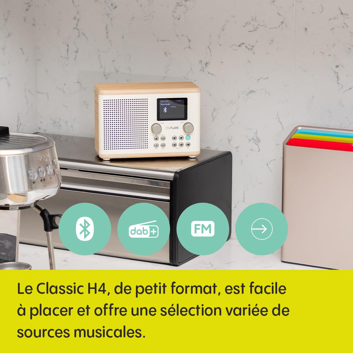 Pure Classic H4 Radio de Cuisine numérique (Dab+/FM, Bluetooth, USB, AUX, minuterie de Cuisine, Alarme), Blanc Coton/Chêne