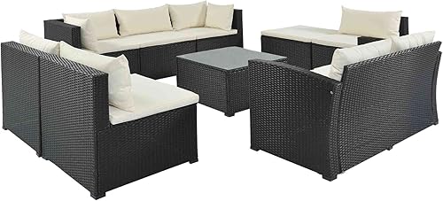 Miniatura 9 de Tulib Juego de sofá de mimbre grande para patio al aire libre, 9 piezas, sofá seccional de ratán de polietileno con otomana y mesa de centro de