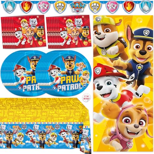 Paw Patrol Birthday Decorations | Serves 16 | Banner Tablecloth Door Poster Photo Backdrop Plates and Napkins Sticker | Paw Patrol Party Decorations