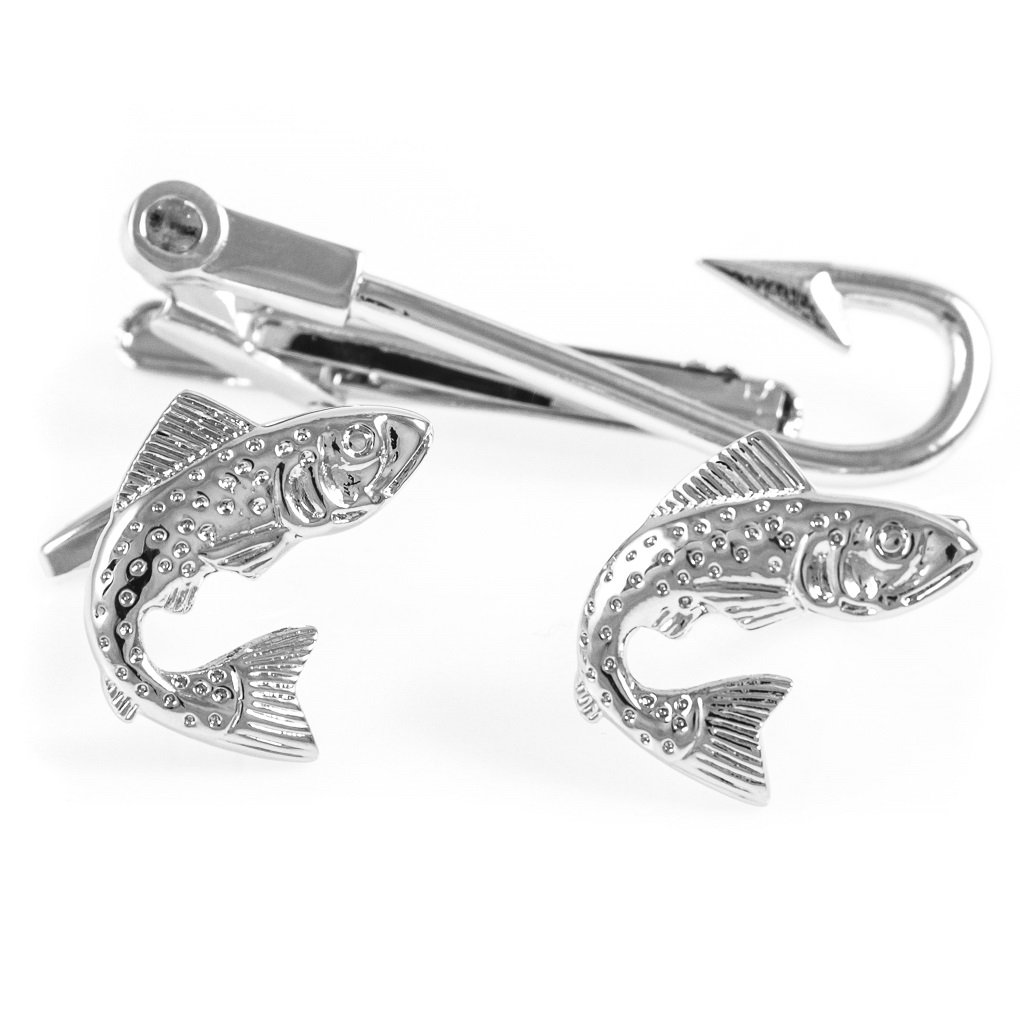mrcuff Fish Fisherman Fishing Hook Pair of Cufflinks & Tie Bar Clip in Presentation Gift Box & Polishing Cloth-picture-34