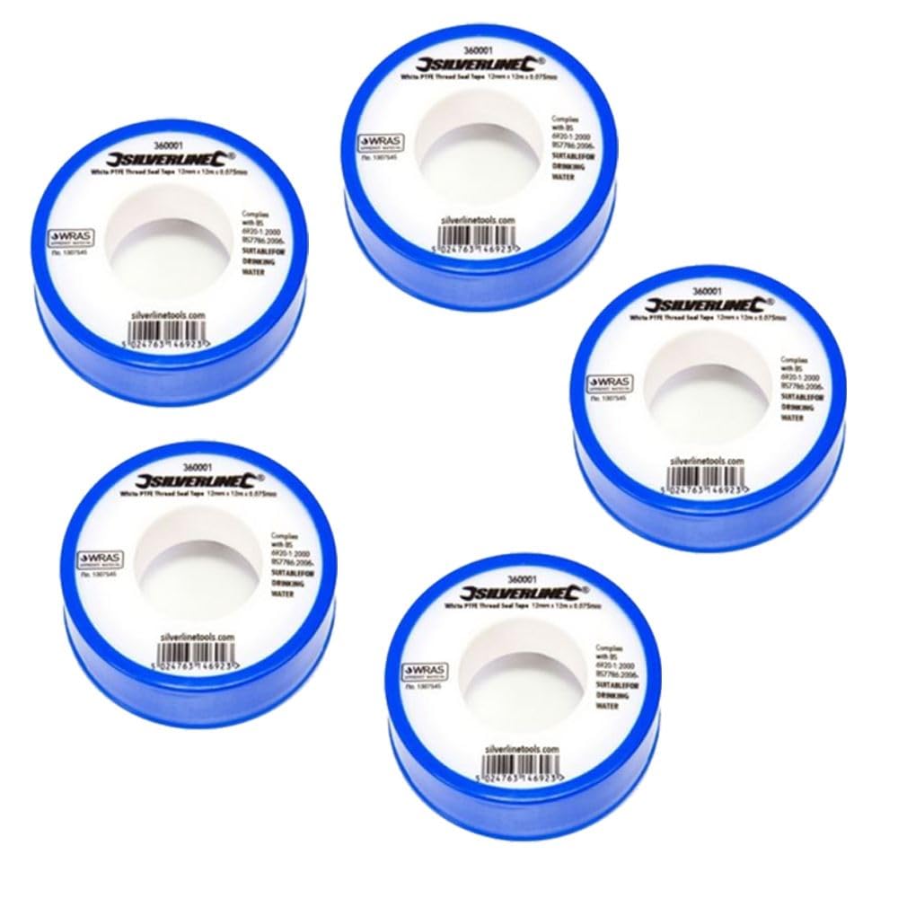 Silverline White Ptfe Tape X5 Threaded Seal Water Plumbing Tape 12Mmx12m Wras