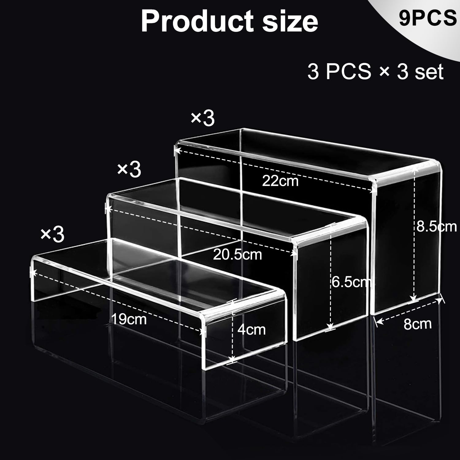 LOSYHU 3 Sets Clear Acrylic Display Risers 9 Pcs Acrylic Riser for Display 3 Step Showcase Shelf Clear Display Stand Risers for Amiibo Funko Figures Jewelry Cupcake Collections (22cm/20cm/18cm) - Image 2
