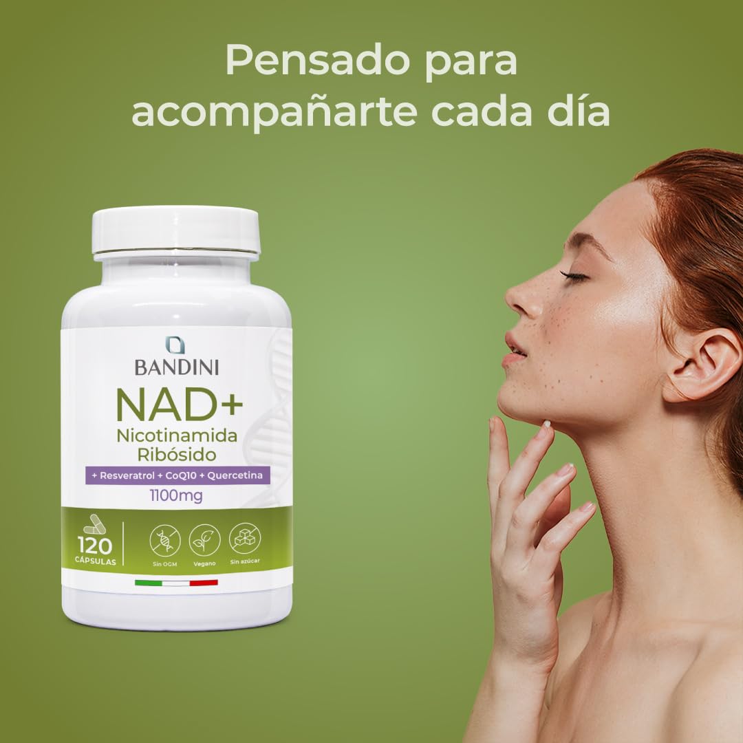 Bandini® NAD+ Liposomal 1100 mg | 120 Cápsulas Veganas | Con Cloruro de Ribósido de Nicotinamida, Quercetina, Resveratrol, Coenzima Q10 | Antienvejecimiento, Energía Celular, Sin OMG