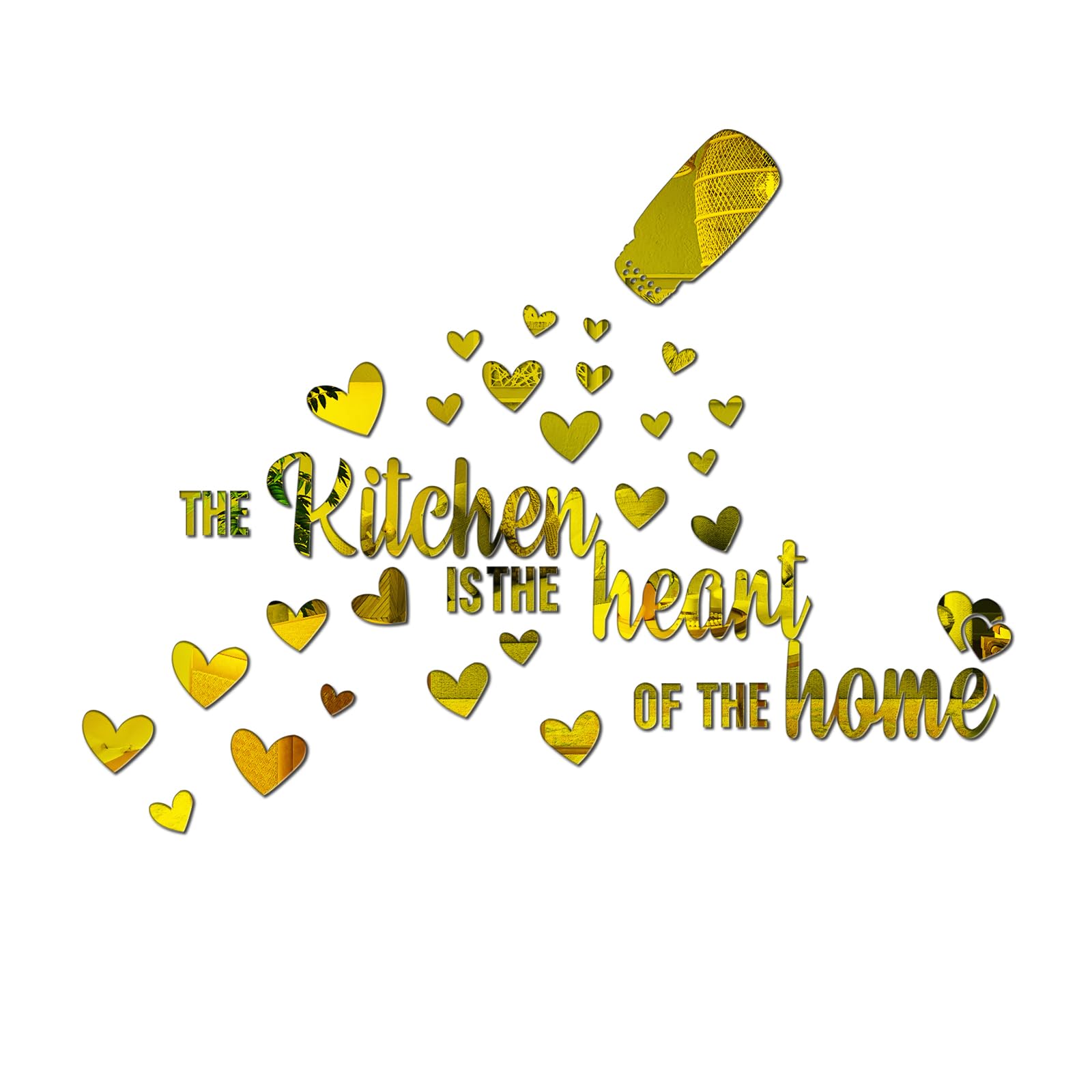 The Kitchen is The Heart of The Home Mirror Wall Sticker, Acrylic Kitchen Wall Decal, Peel and Stick Inspirational Quotes Decor Art Mural Saying for Family Dining Living Room (Gold)