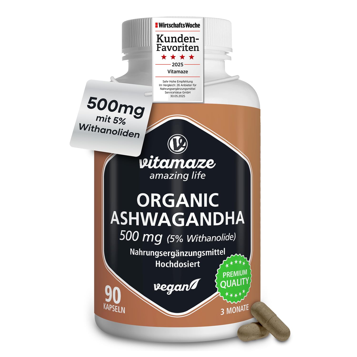 Ashwagandha Kapseln hochdosiert - KSM-66® - min. 5000mg reines Ashwagandha aus 500mg Extrakt (10-15:1), 5% Withanolide, 90 vegane Kapseln für 3 Monate mit Ashwagandha Wurzelextrakt, hoch bioverfügbar