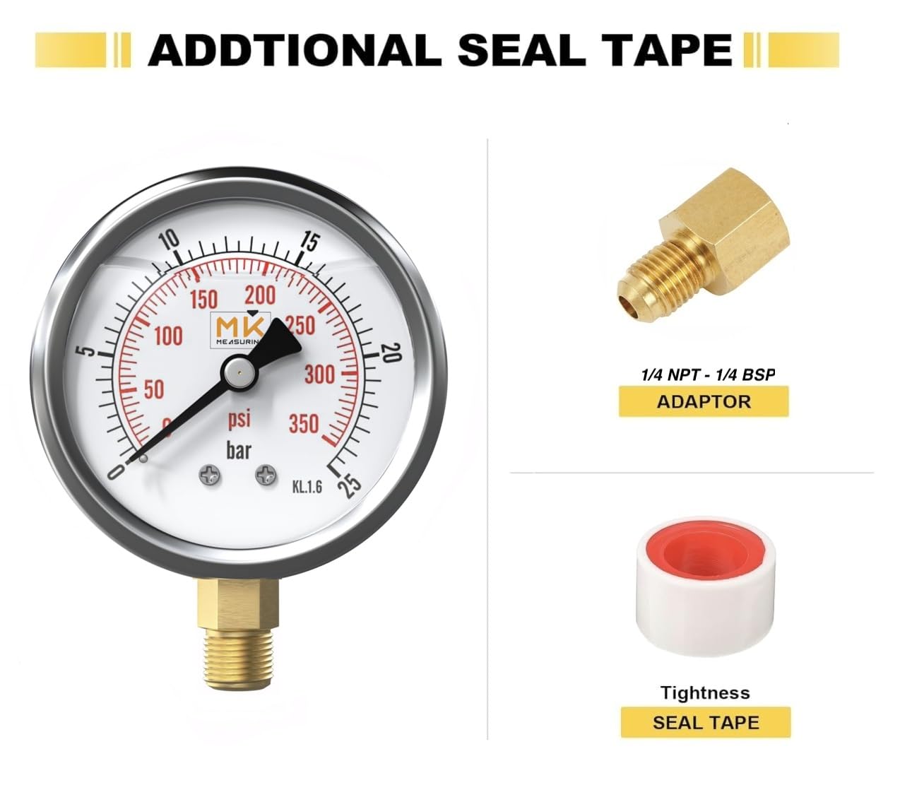 Glyzerin-Manometer 0–25 bar, Anschluss 1/4 NPT, Edelstahlgehäuse mit Teflon und Adapter 1/4 NPT auf 1/4 BSP, Kompressionstester, Luft-, Reifen-, Wasser-, Gas- und Benzindruck