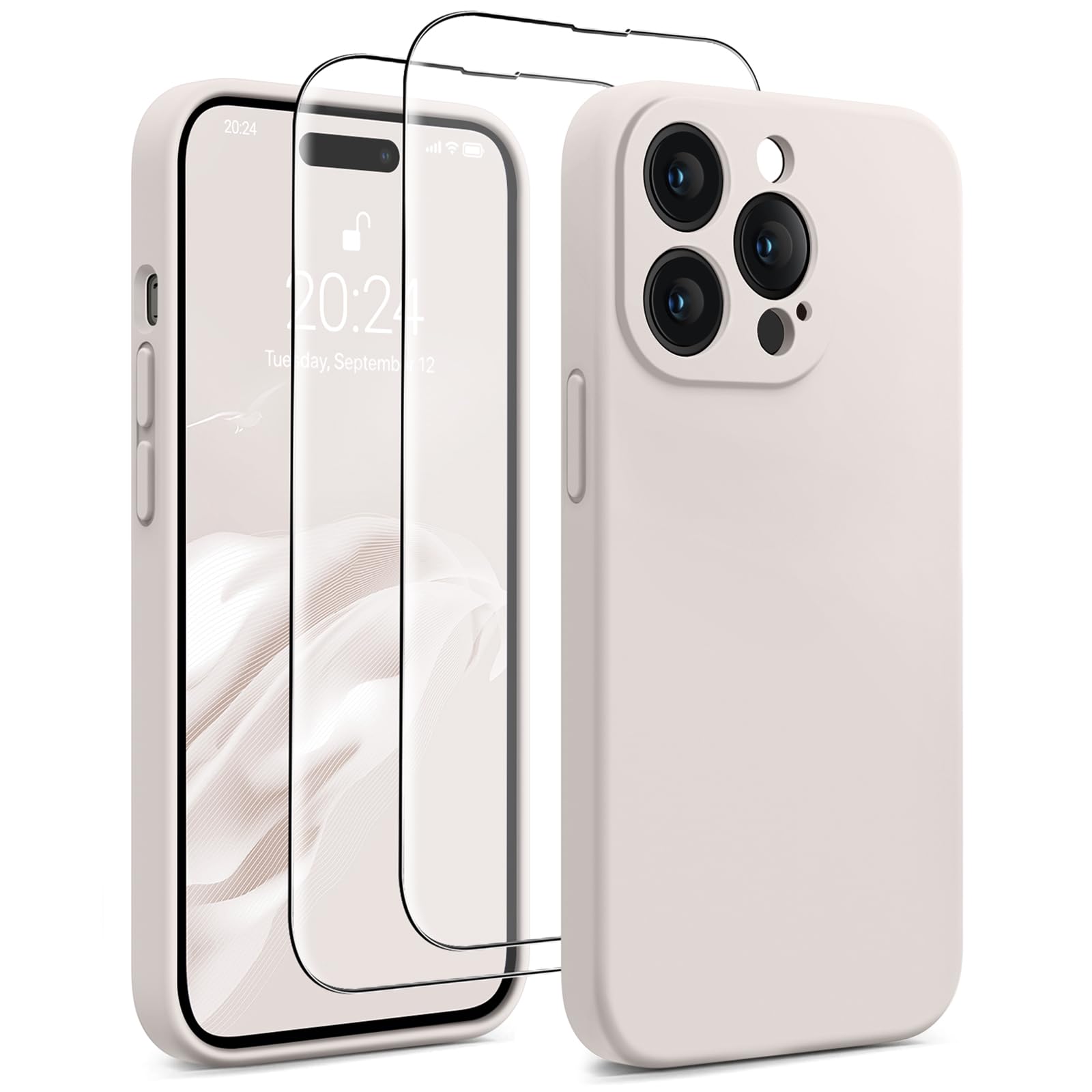 AOTESIERfor iPhone 14 Pro Case, Upgraded [Camera Protection] Food Grade Silicone Phone Case with [2 Screen Protectors], Shockproof Cover with Anti-Scratch Microfiber Lining, 6.1inch, Stone