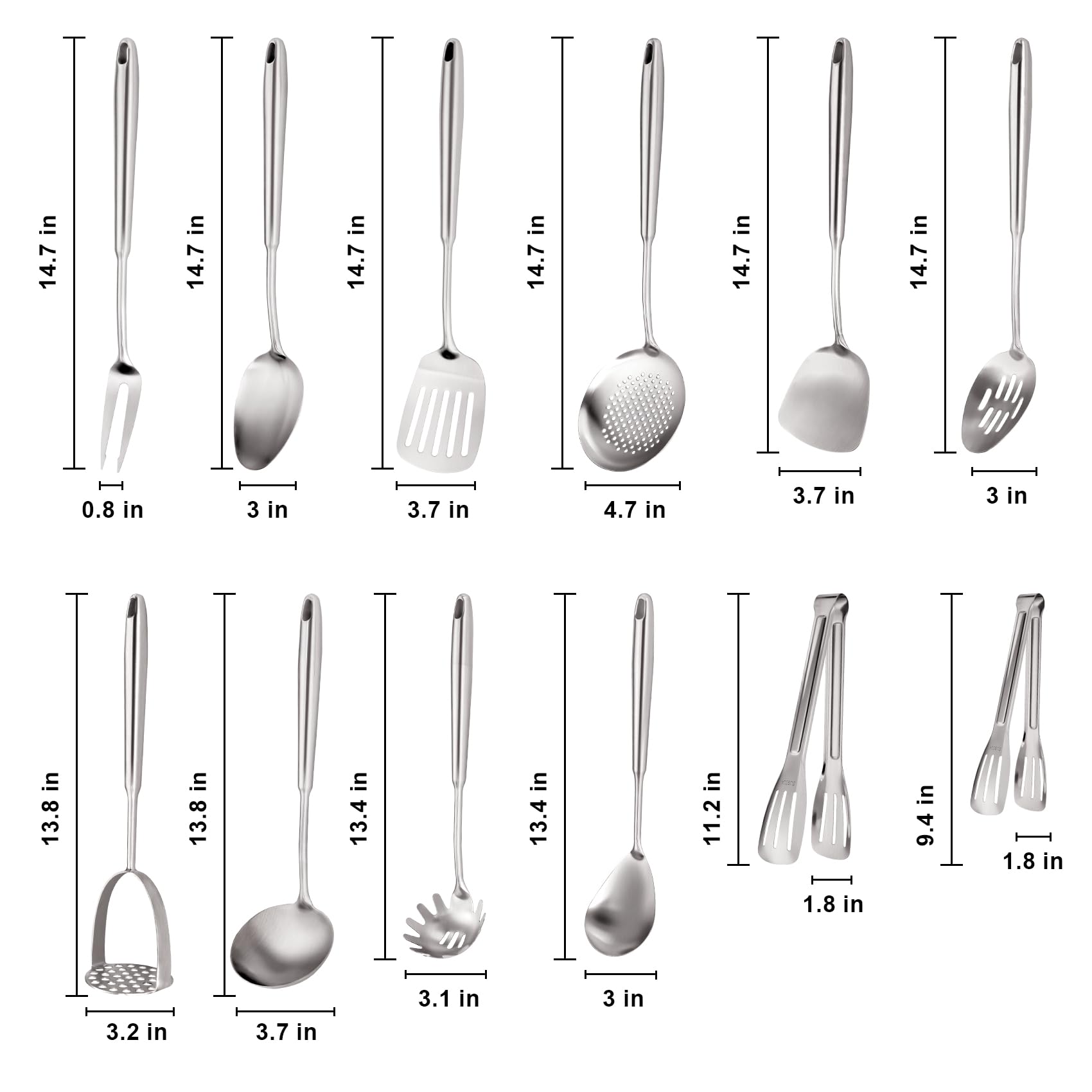 Juego de utensilios de cocina de acero inoxidable 304, utensilios de cocina de acero inoxidable, juego de 12 utensilios de cocina de metal largos y grandes, triturador de patatas, tenedor, pinzas