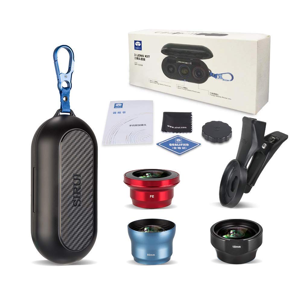 Sirui 3 in 1 Smart Phone Camera Attachment Lens kit with Mobile Lens Clip Adapter 18mm Wide Angle Lens, 60mm Portrait Lens and 170°Fisheye Lens for Most Cell Phones, Black (WPF01KBR+MSC-06)