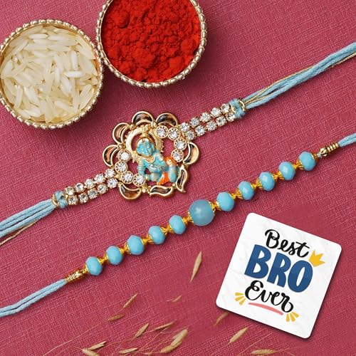 Image of eCraftIndia Set of 2 Ladoo Gopal Krishna and Beads Designer Rakhis, Best Bro Ever Fridge Magnet with Roli Chawal Pack - Rakhis for Brother, Bhabhi, Kids