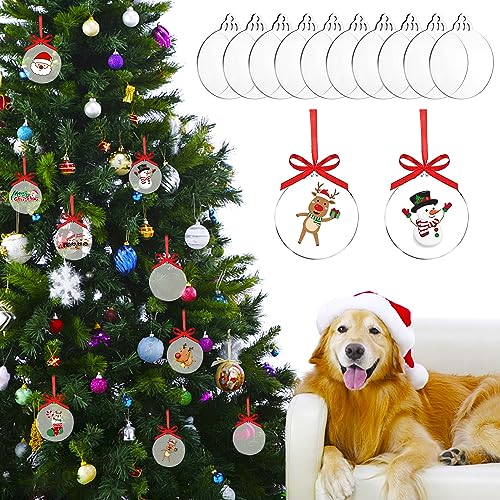 DRERIO 30 Pcs Christmas Bauble Clear Acrylic Disc Ornaments 8.8 ×7.6 cm Round Christmas Ornaments with Ribbon Flat Baubles for Craft Clear Blank Acrylic Christmas Disc for Tree Party Hanging Decor - Image 4