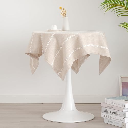 Miniatura 8 de YZKITM Mantel redondo rústico pequeño lavable a rayas jacquard de lino resistente estilo granja con borlas para cocina, comedor, fiesta, decoración