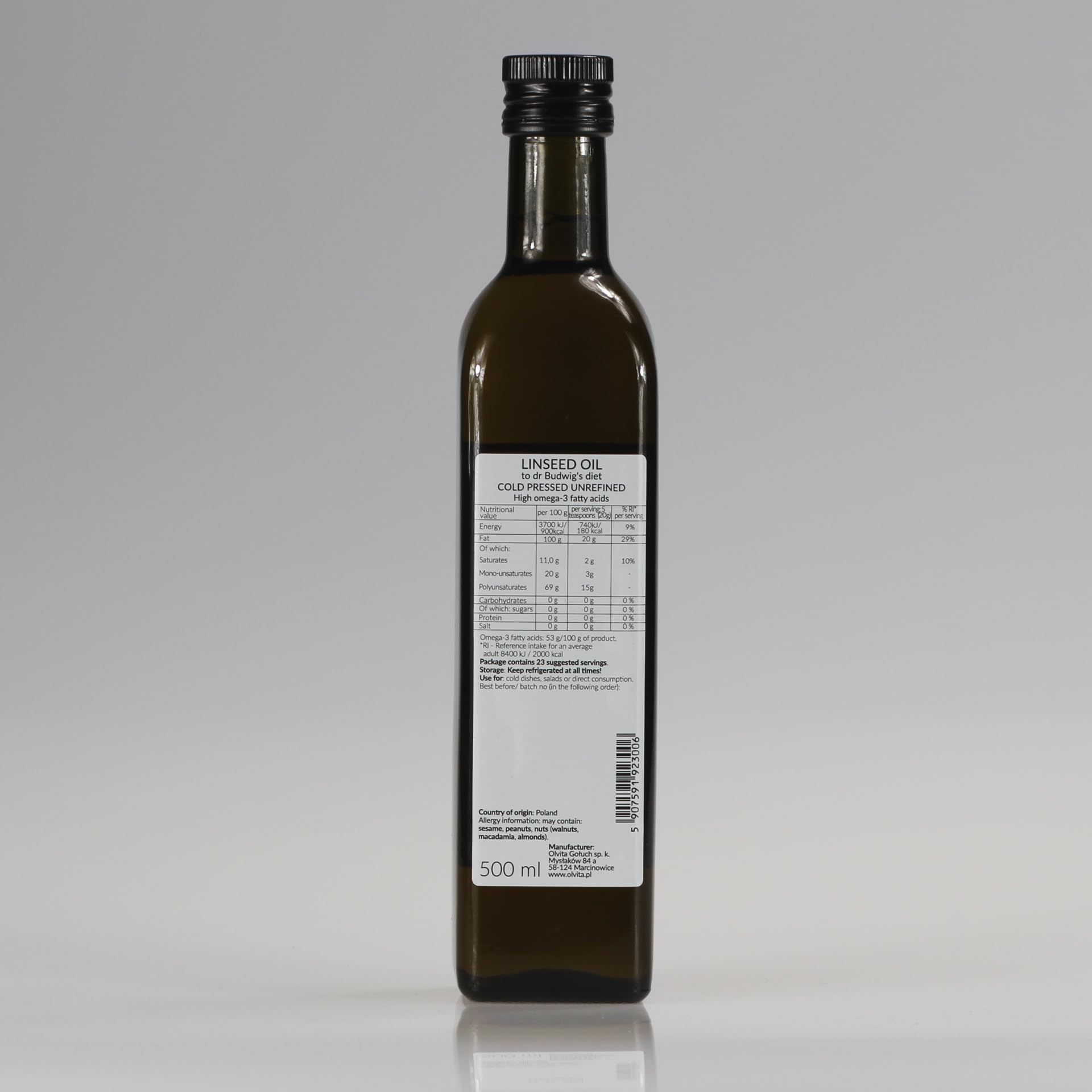 Ol'Vita: Aceite de semilla de lino virgen - Aceite de linaza prensado en frío - Puro crudo natural sin pesticidas - Dieta del Dr. Budwig suplemento dietético 500ml