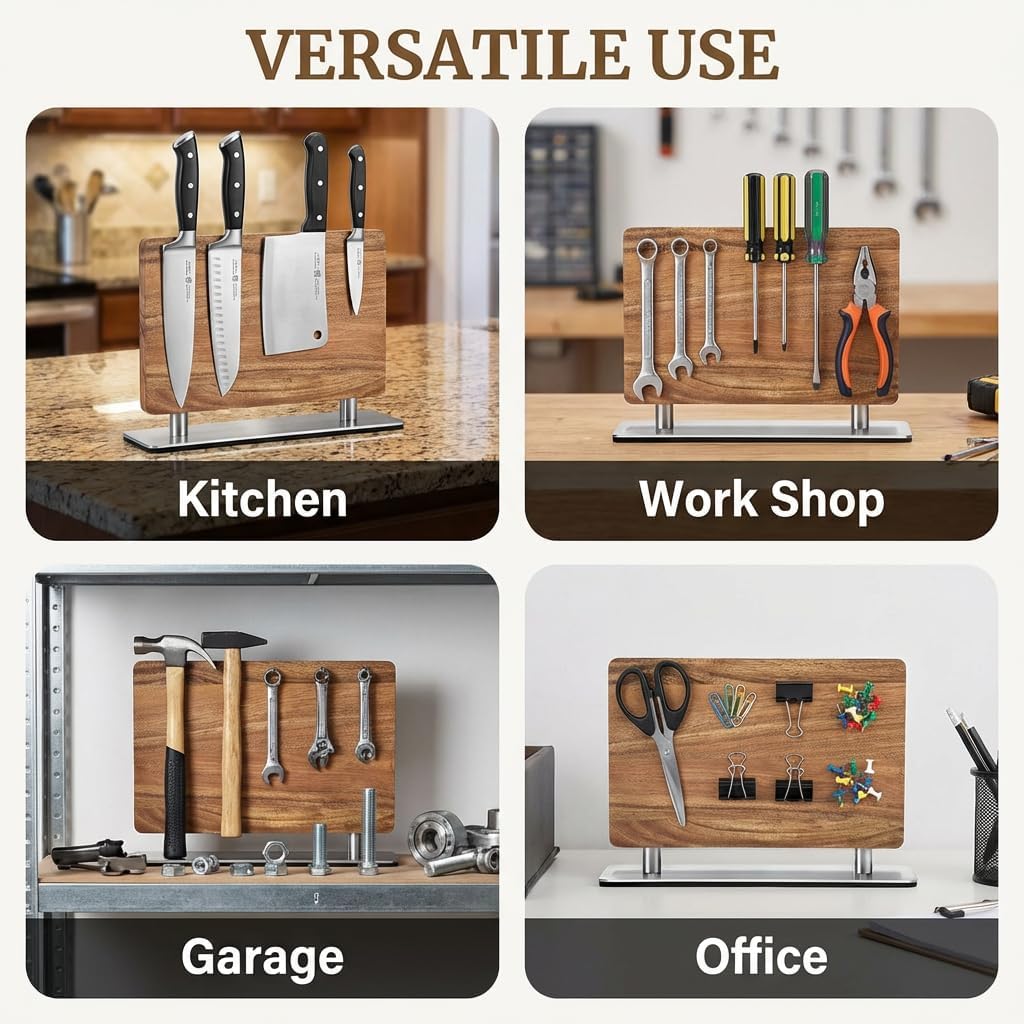 Magnetic Knife Holder Acacia Wood - Double Sided Kitchen Rack Magnetic Stand, Strong Magnets Multifunctional Storage Rack Kitchen Gift for Chef