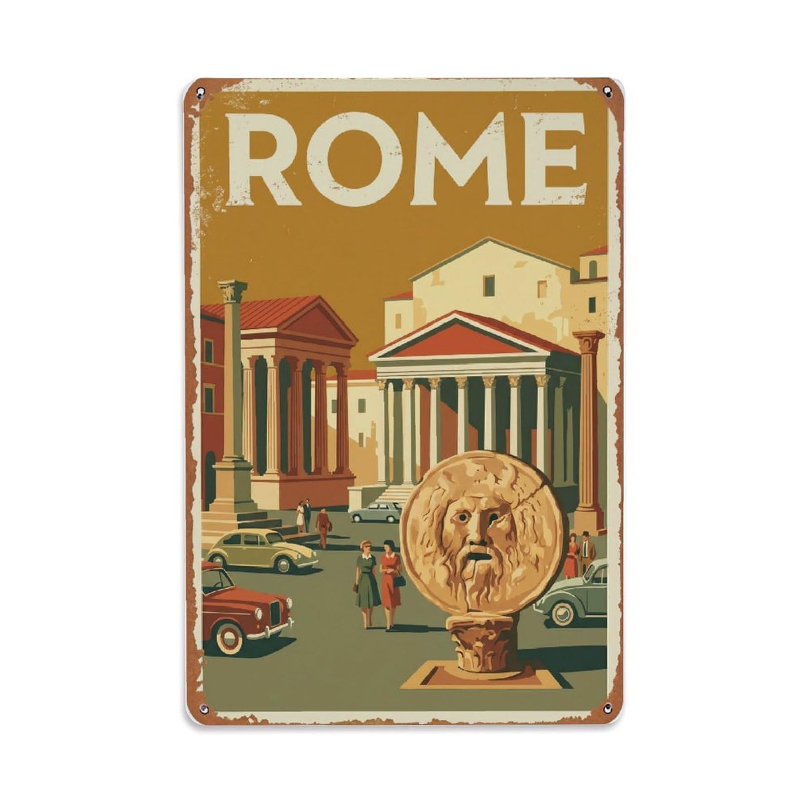 Vintage Travel Rome Piazza Bocca Della Verita Ancient Temple Area Rusted Italy Metal Tin Sign Plaque Wall Decor for Cafe, Club Bar, Office, Home Garden Metal Poster 8x12Inch