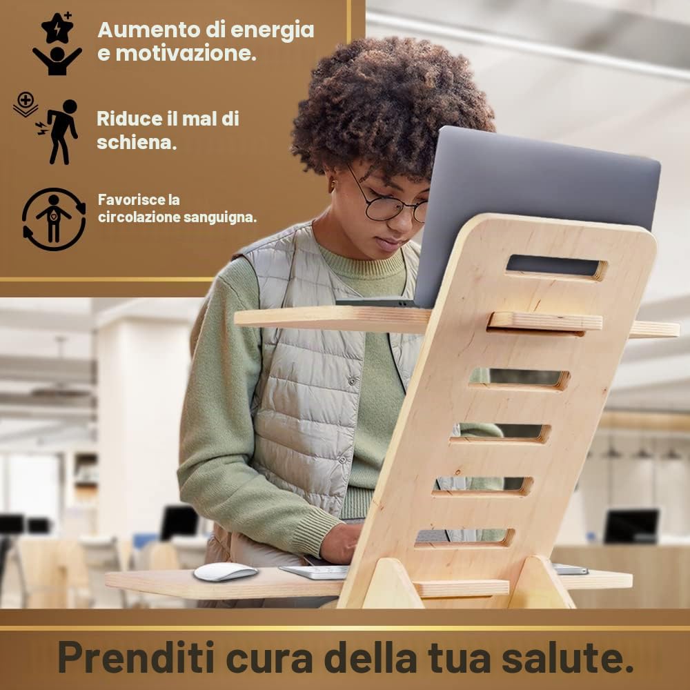 Supporto per computer portatile in legno, con supporto e scrivania in piedi, prodotto in UE