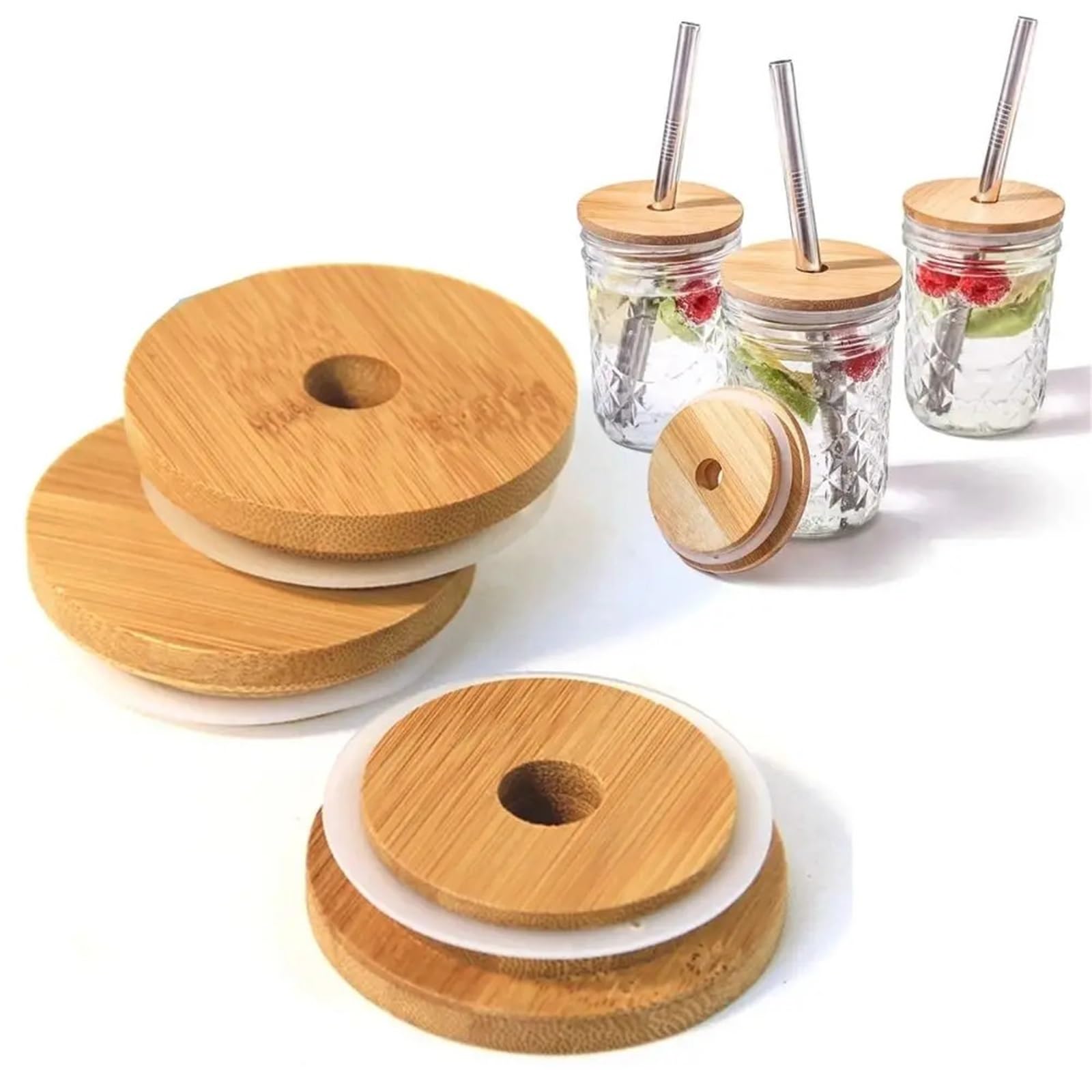 Bamboo Lids Mason Jar Lids Straw Lid With Glass Hole Can Mouth Wide Wooden Beer Bottle Canning Bamboo For Caps Cup Covers
