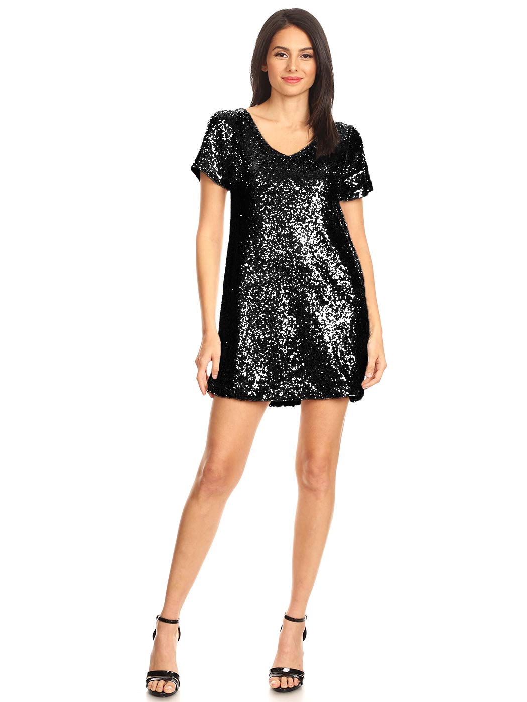 Anna-Kaci Womens Short Sleeve V-Neck Sequin Shift T-Shirt Mini Dress
