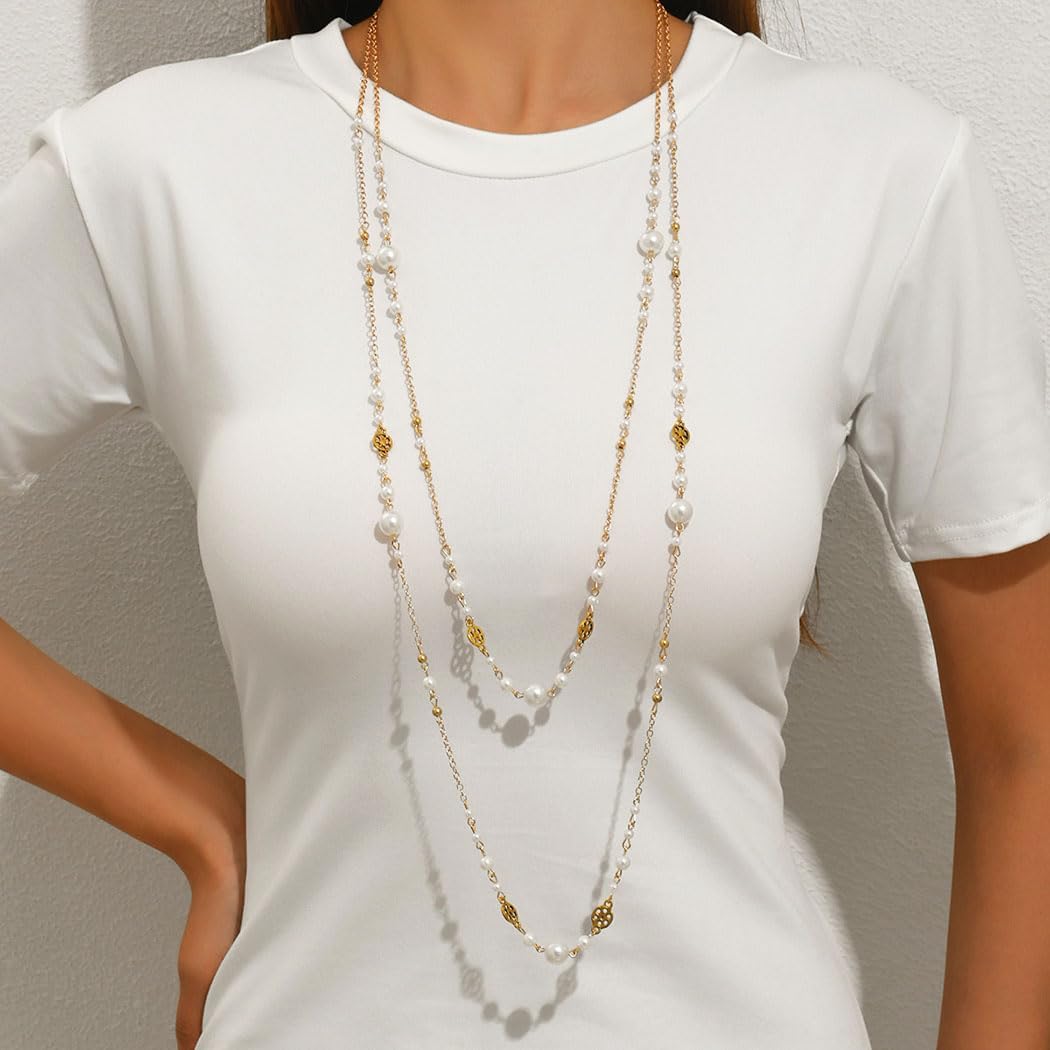 Long Pearl Necklaces for Women Layered Pearls Strand Necklace Gold Dainty Necklaces 1920s Statement Sweater Strand Chain Jewelry (Gold-Chain) - Image 5