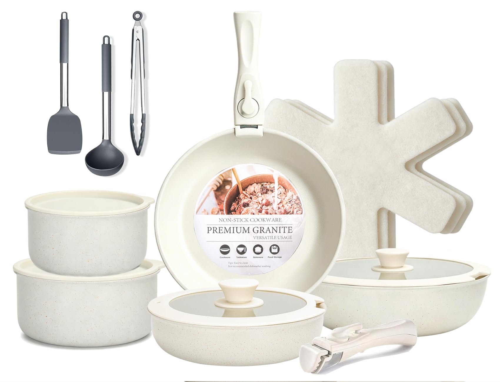 18-Teiliges Kochgeschirr Set mit Abnehmbaren Griffen, Granit Antihaft Topfsets Pfannenset, induktionsgeeignet & ofenfest, stapelbar Topfset für alle Herdarten, Ideal für Zuhause, Camping Sahne