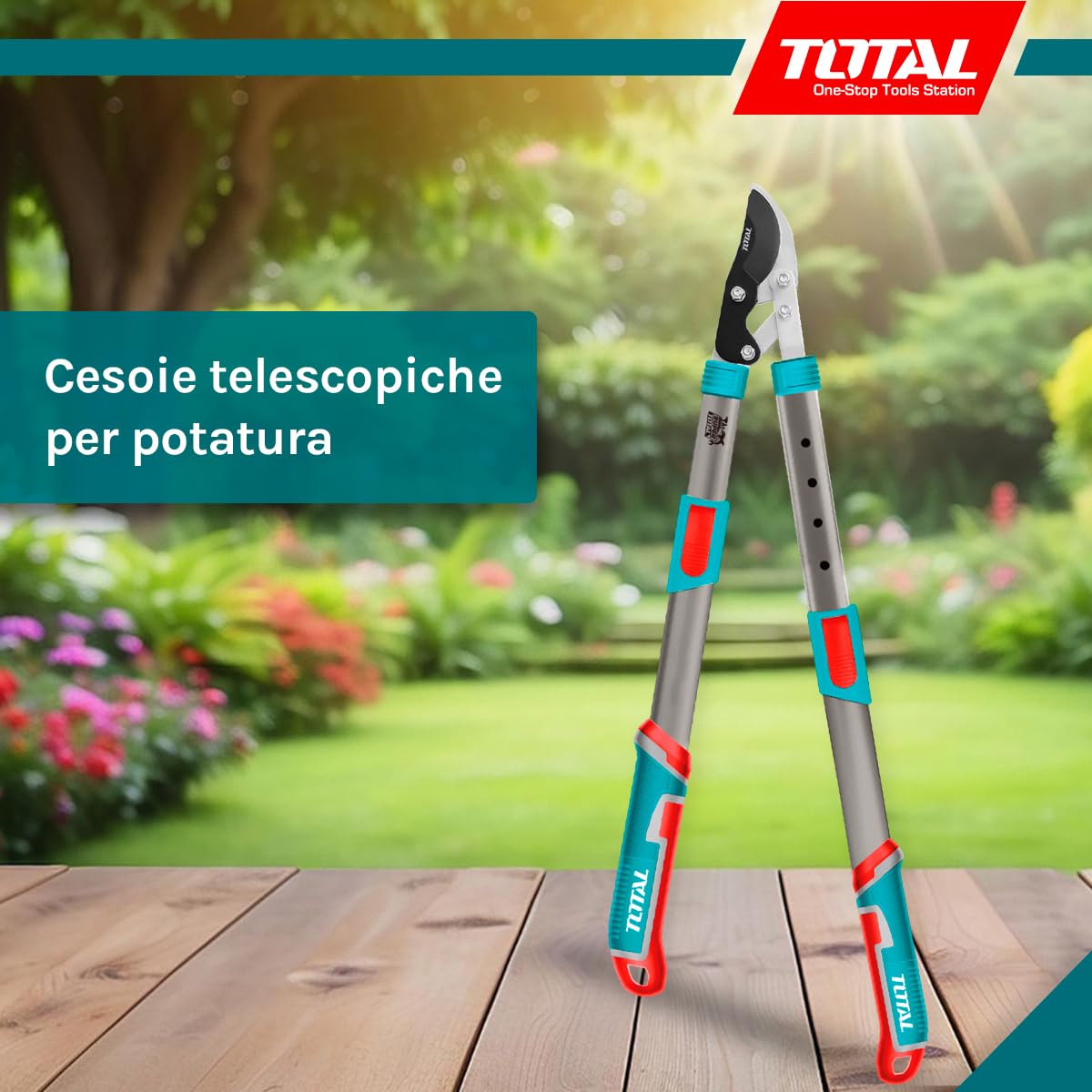 TOTAL - Forbici da potatura telescopiche - 25 x 19,5 x 8,1 cm - Blu - Lunghezza 670-880 mm - Forbici da potatura telescopiche per taglio in giardino