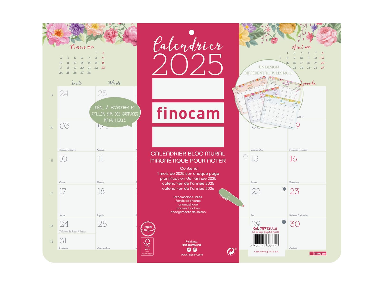 Finocam – Wall Design Block Calendar with Magnet to Write 2025 1 Month Per Page January 2025 – December 2025 (12 Months) French