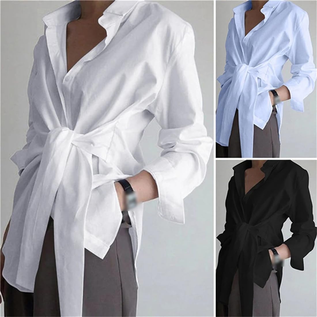 Blusa Asimétrica con Cordones para Mujer, Blusa Informal De Manga Larga con Botones, Túnica De Trabajo De Talla Grande