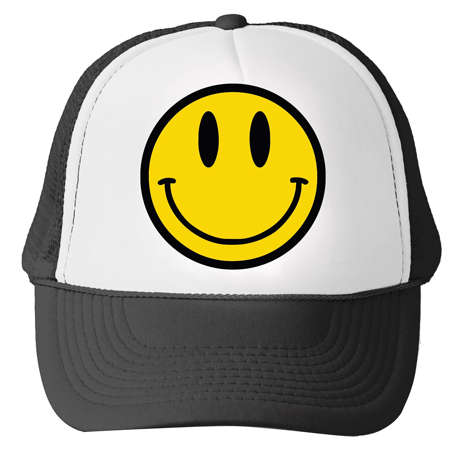 Tees & TailsSmiley Face Trucker hat Mesh Snapback Retro 90s Black and White (Assorted Smiley Styles)