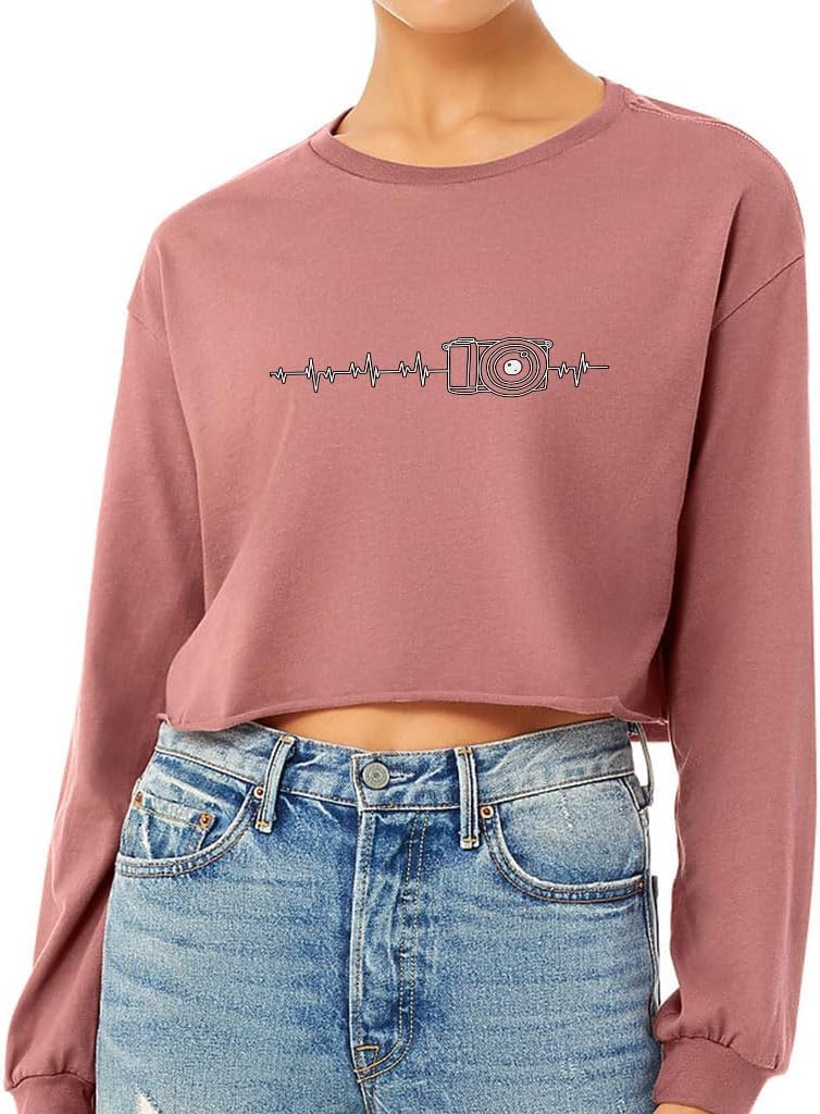 Camera Print Cropped Long Sleeve T-Shirt - Heartbeat Women's T-Shirt - Minimalist Long Sleeve Tee