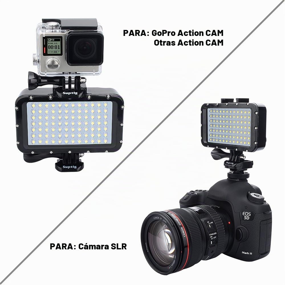 Suptig Luz de vídeo, Lámpara Impermeable, Luz de Buceo, 84 LED Lámpara, Impermeable 164 Pies (50 Metros) Compatible con Cámaras Reflex Gopro Canon Nikon Pentax Panasonic Sony Samsung