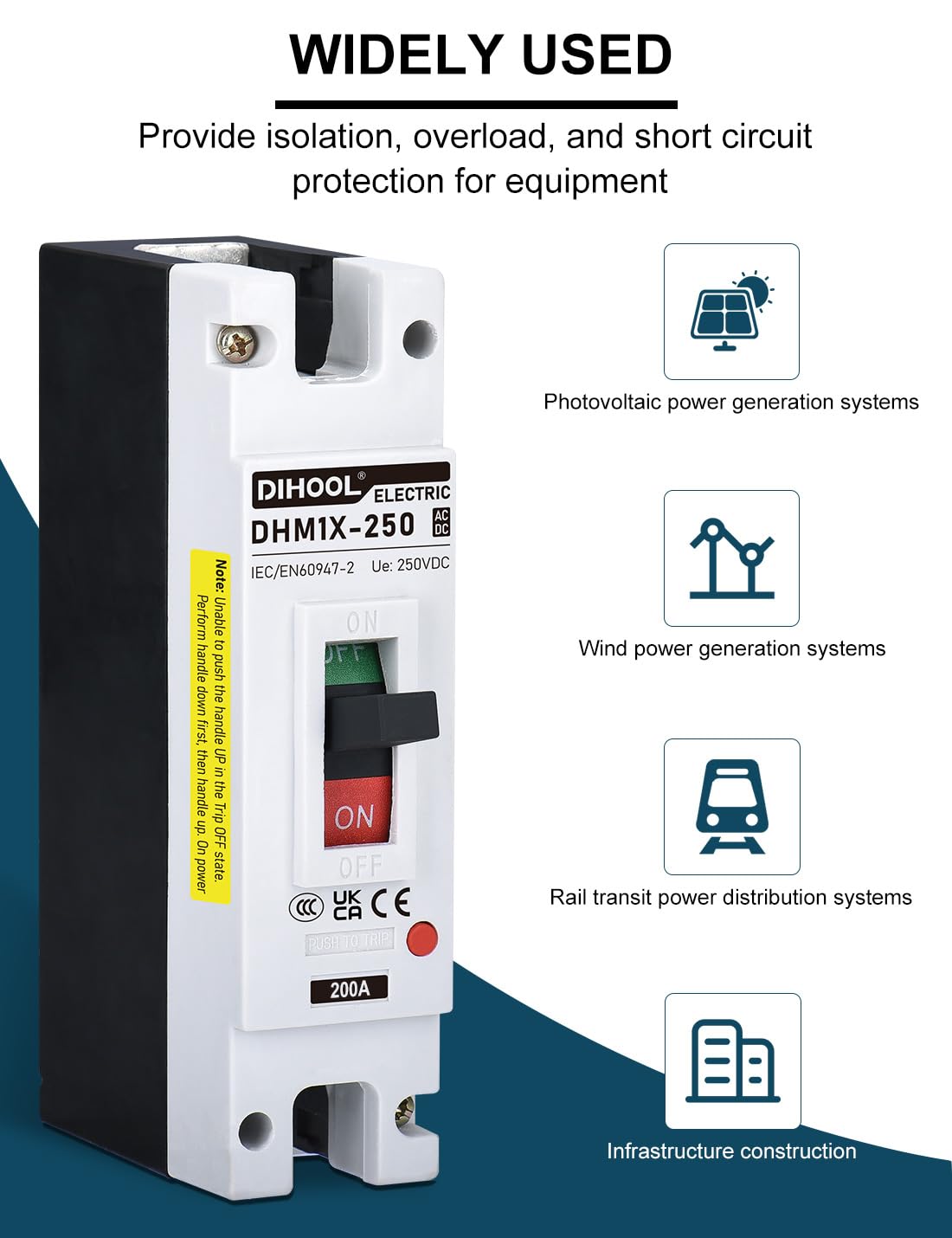 DIHOOL 200 Amp DC Breaker, 240V Battery Disconnect Switch, Thermal Magnetic Trip for Main Power Station Solar System, UPS