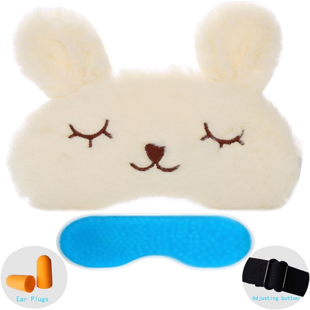 ZHICHEN Silk Eye Mask with Lovely 3D Cute Rabbit or Koala Face Soft Eye Bags Adjustable Sleeping Blindfold for Kids Girls Adult for Yoga Traveling Sleeping Party [Inclulding Ice Bag]