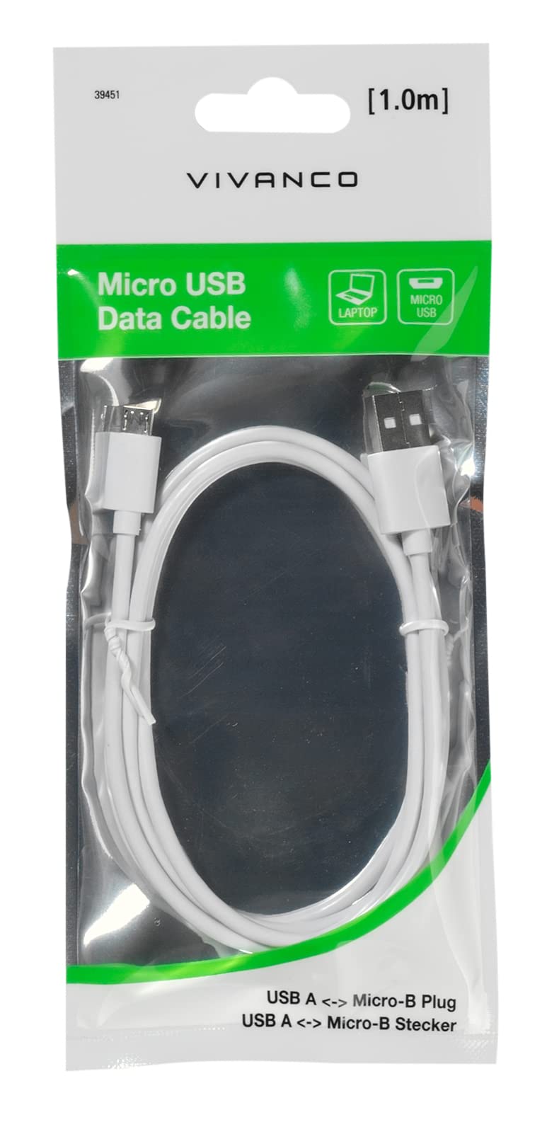 Vivanco Cavo USB 2.0 USB-A, spina USB Micro B, 1,00 m, colore: Bianco