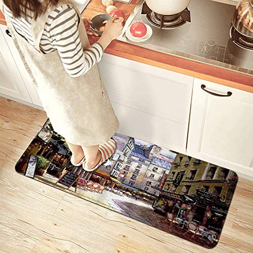 Paris Vintage Painting France Street Cafe European Building French Shops Anti Fatigue Kitchen Mat Comfort Floor Mats Non-Slip Oil Stain Resistant Easy To Clean Kitchen Rug #TOP1