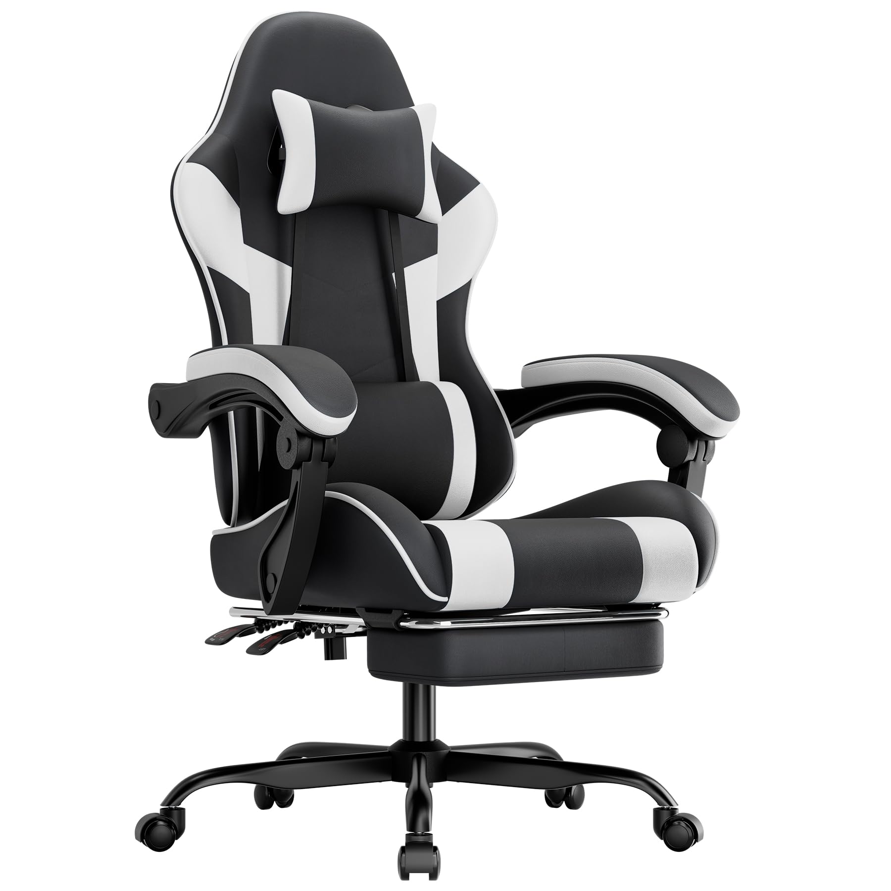 Silla ergonómica para videojuegos, con reposapiés, reposabrazos ajustables, silla de oficina ergonómica con soporte lumbar, color negro y blanco